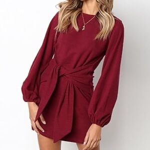 American Threads Red Dress Long Sleeve Bow Tie Waist Mini Length Holiday Dress